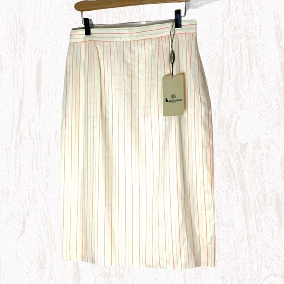 80s Aquascutum NWT Deadstlock linen cotton Pencil Skirt Lime Green Pinstripe - Picture 2 of 11